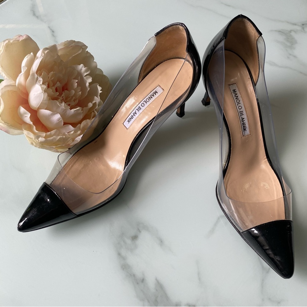 Manolo Blahnik Black Patent Leather and PVC Pacha Pointed Toe Pumps